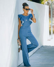 Dames Trendy Denim Look Jumpsuit met Ruches Ruffle Mouwen | Genimina