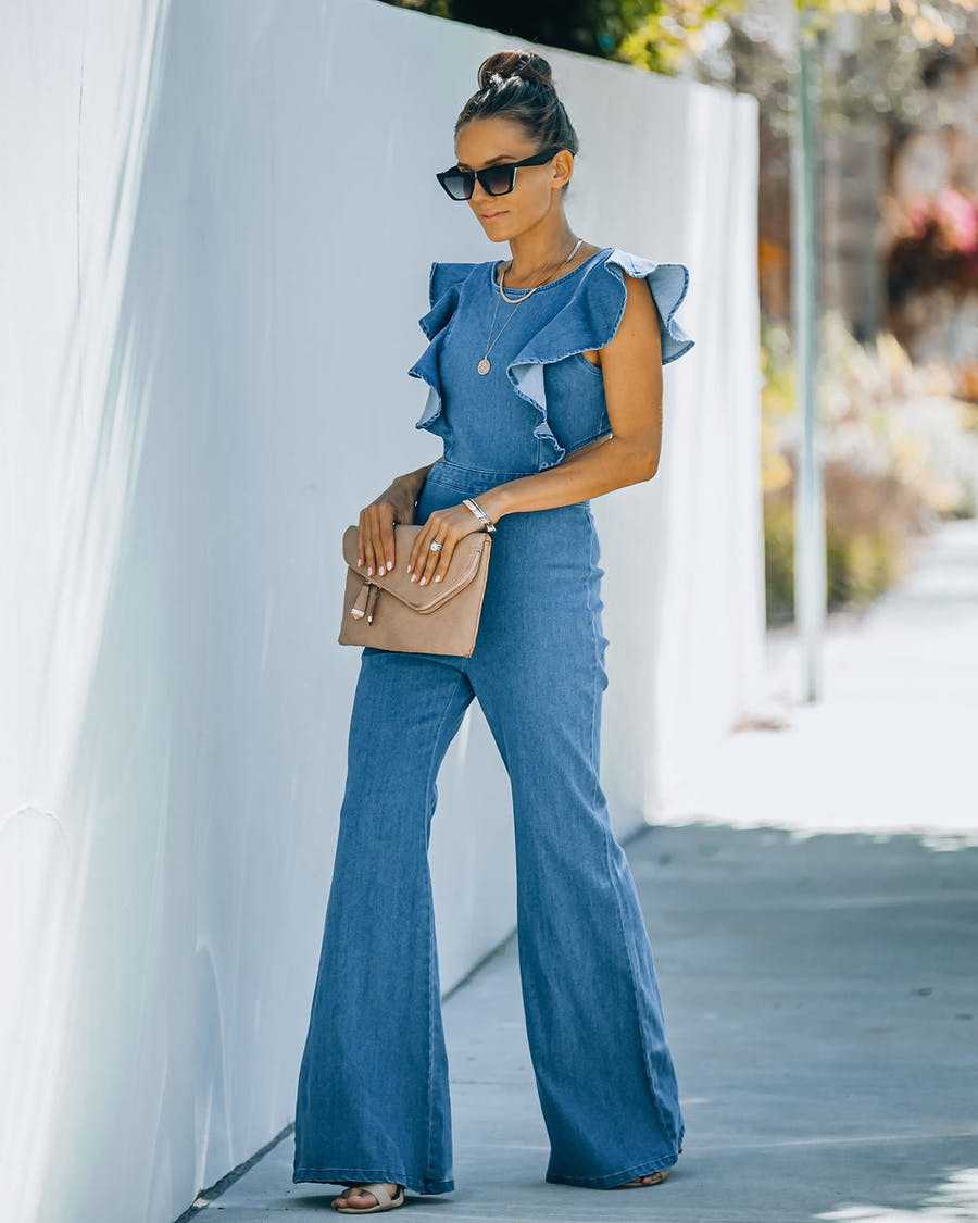 Dames Trendy Denim Look Jumpsuit met Ruches Ruffle Mouwen | Genimina