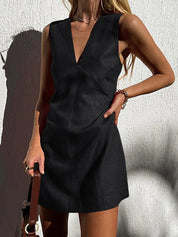 Dames Linnen-Look V-Hals Jurk zonder Mouwen | Genny