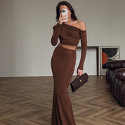 Dames Elegante Tweedelige Set met Off-Shoulder Top en Maxi Rok | Trendy en Slim Fit | Genoa