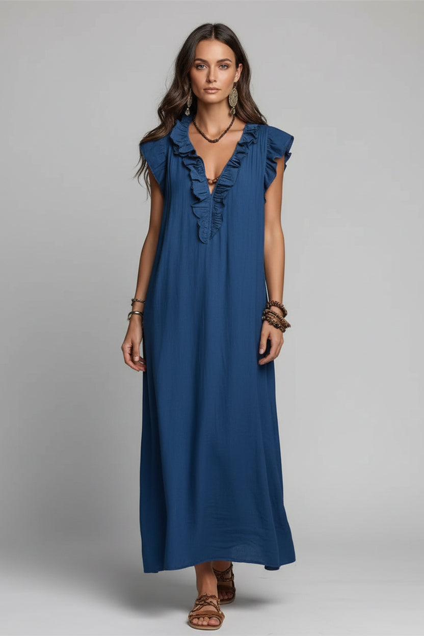 Dames Luchtige Maxi Jurk met Ruches | Comfortabele Boho Zomer Jurk met Relaxte Pasvorm | Ganoah