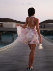 Dames Halter Mini Jurk met Bloemenprint en Volume Gelaagde Rok | Genya