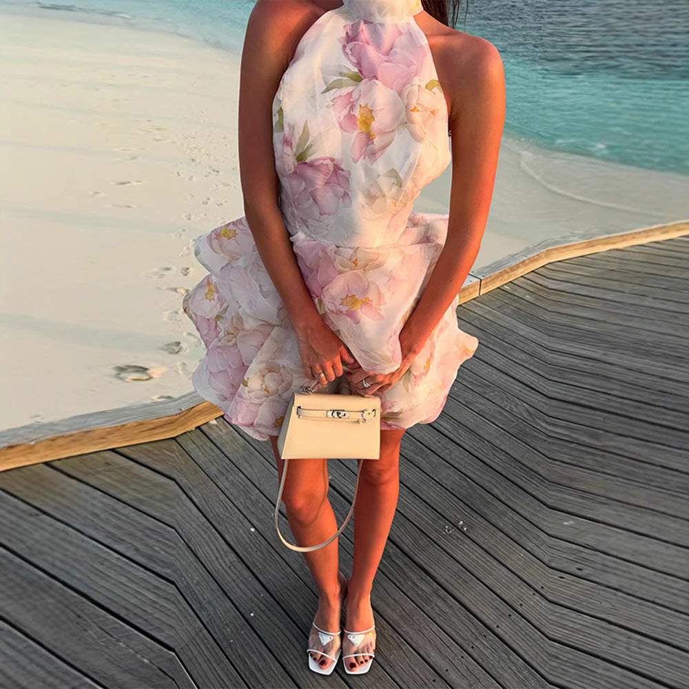 Dames Halter Mini Jurk met Bloemenprint en Volume Gelaagde Rok | Genya