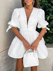 Dames Elegante Witte Jurk met Pofmouwen | Tijdloze Mini Jurk met Vrouwelijke Details | Genyva
