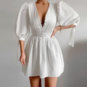 Dames Elegante Witte Jurk met Pofmouwen | Tijdloze Mini Jurk met Vrouwelijke Details | Genyva