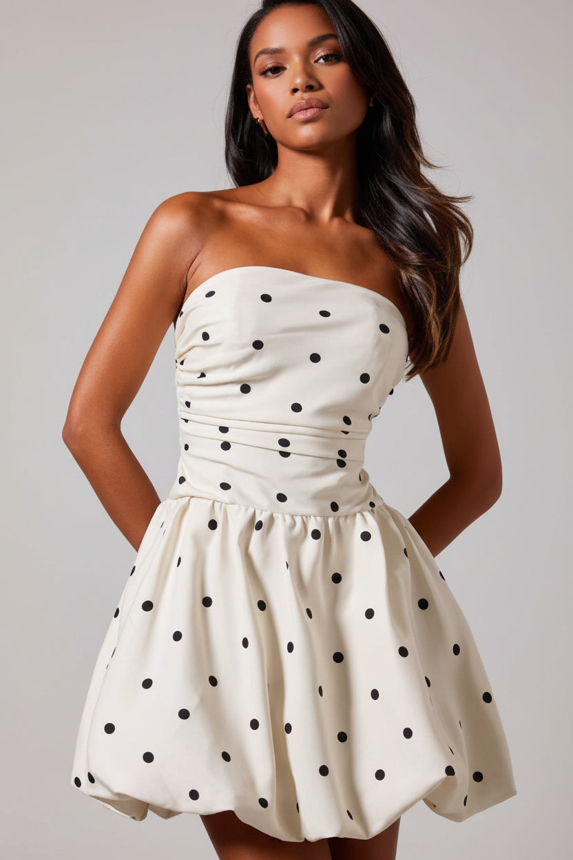 Dames Strapless Polka Dot Mini Feest Jurk met Volume Rok en Plooien | Geraldine