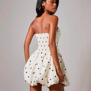 Dames Strapless Polka Dot Mini Feest Jurk met Volume Rok en Plooien | Geraldine