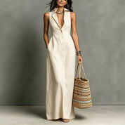 Dames Elegante Linnen Look Mouwloze Maxi Jurk met Kraag | Fashion Basic | Gerdeva