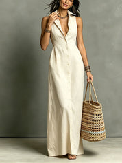 Dames Elegante Linnen Look Mouwloze Maxi Jurk met Kraag | Fashion Basic | Gerdeva