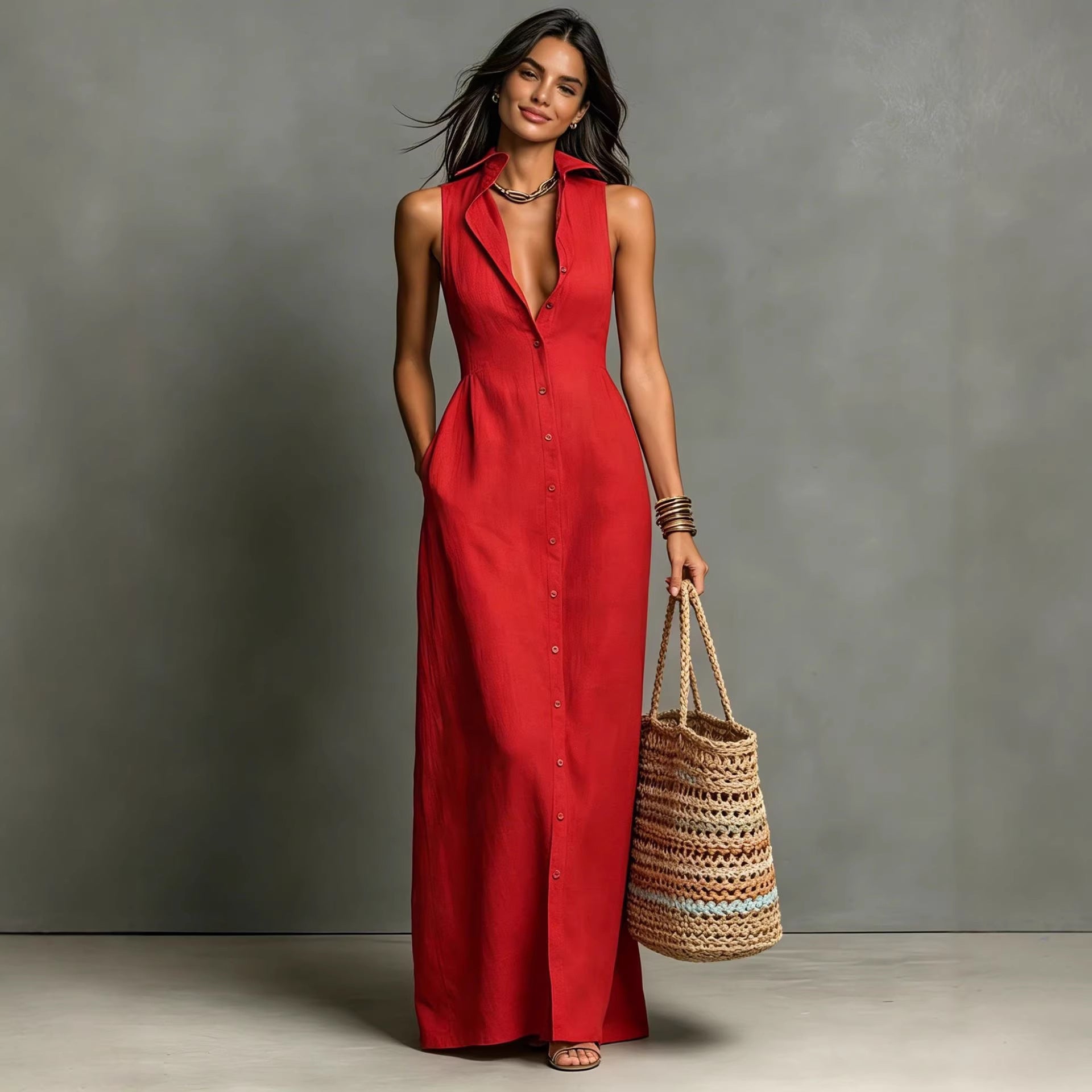 Dames Elegante Linnen Look Mouwloze Maxi Jurk met Kraag | Fashion Basic | Gerdeva