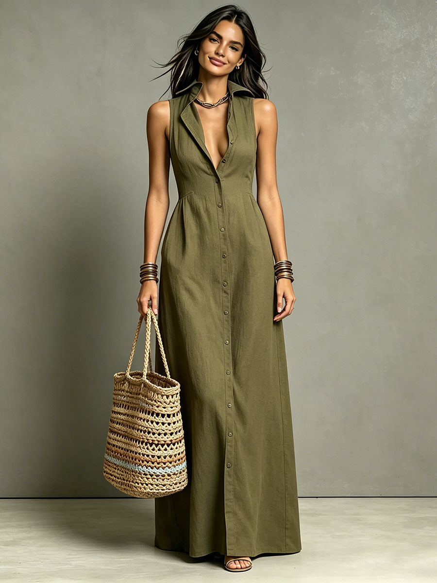 Dames Elegante Linnen Look Mouwloze Maxi Jurk met Kraag | Fashion Basic | Gerdeva