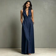 Dames Elegante Linnen Look Mouwloze Maxi Jurk met Kraag | Fashion Basic | Gerdeva