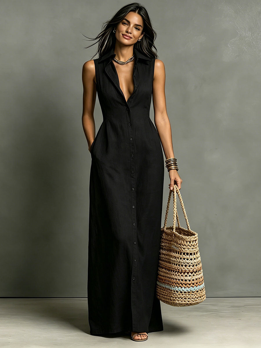 Dames Elegante Linnen Look Mouwloze Maxi Jurk met Kraag | Fashion Basic | Gerdeva