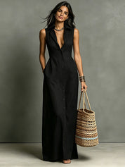 Dames Elegante Linnen Look Mouwloze Maxi Jurk met Kraag | Fashion Basic | Gerdeva
