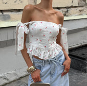 Dames Zomerse Kersen Print Camisole Top met Strikbandjes en Ruffle Details | Gerry