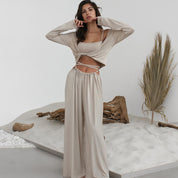 Dames 3-Delige Lounge Set | Crop Top, Wikkelvest & Wijde Broek | Luxe Comfortabele Travel & Homewear Set | Gevina