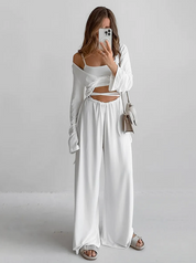 Dames 3-Delige Lounge Set | Crop Top, Wikkelvest & Wijde Broek | Luxe Comfortabele Travel & Homewear Set | Gevina