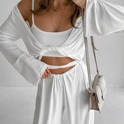Dames 3-Delige Lounge Set | Crop Top, Wikkelvest & Wijde Broek | Luxe Comfortabele Travel & Homewear Set | Gevina