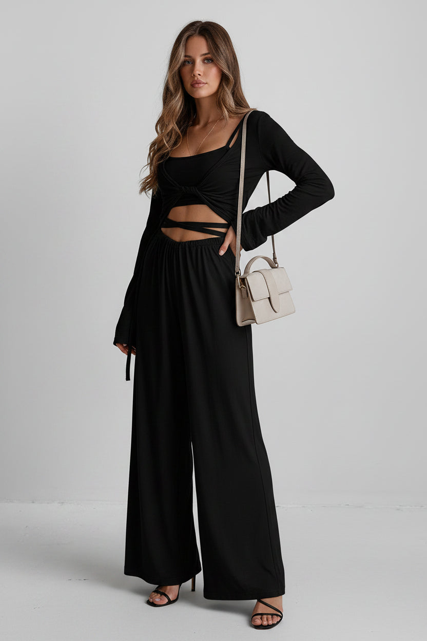 Dames 3-Delige Lounge Set | Crop Top, Wikkelvest & Wijde Broek | Luxe Comfortabele Travel & Homewear Set | Gevina