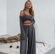 Dames 3-Delige Lounge Set | Crop Top, Wikkelvest & Wijde Broek | Luxe Comfortabele Travel & Homewear Set | Gevina