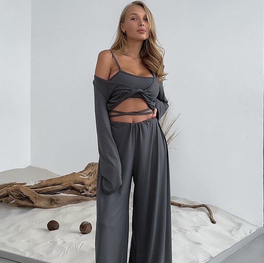 Dames 3-Delige Lounge Set | Crop Top, Wikkelvest & Wijde Broek | Luxe Comfortabele Travel & Homewear Set | Gevina