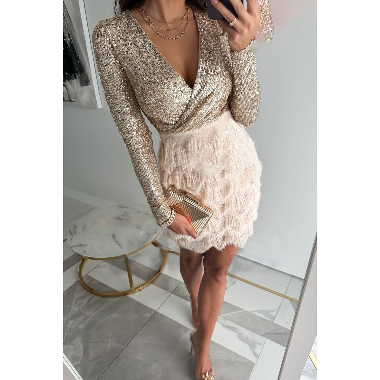 Dames Luxe Pailletten Jurk met Faux Feather Rok | Gharissa
