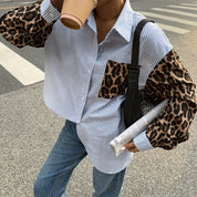 Dames Trendy Gestreepte Oversized Blouse met Leopard Patchwork en Statement Mouwen | Ghristy