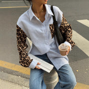 Dames Trendy Gestreepte Oversized Blouse met Leopard Patchwork en Statement Mouwen | Ghristy