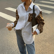 Dames Trendy Gestreepte Oversized Blouse met Leopard Patchwork en Statement Mouwen | Ghristy
