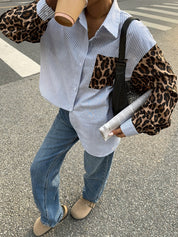 Dames Trendy Gestreepte Oversized Blouse met Leopard Patchwork en Statement Mouwen | Ghristy