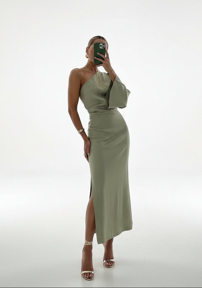 Dames One-Shoulder Satijnen Midi Jurk | Elegante Asymmetrische Jurk met Split | Gianina
