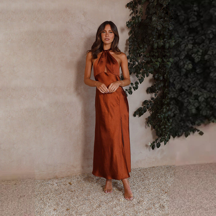Dames Luxe Satijnen Halter Jurk | Open Rug Slim Fit Maxi Jurk met Split | Giavanna