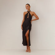 Dames Luxe Satijnen Halter Jurk | Open Rug Slim Fit Maxi Jurk met Split | Giavanna