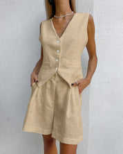Dames Zomerse 2-Delige Linnen Look Set | Mouwloze Gilet & High-Waist Short | Gicha