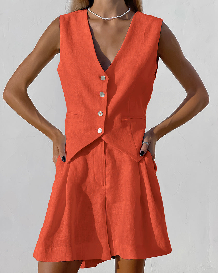 Dames Zomerse 2-Delige Linnen Look Set | Mouwloze Gilet & High-Waist Short | Gicha