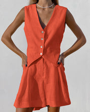 Dames Zomerse 2-Delige Linnen Look Set | Mouwloze Gilet & High-Waist Short | Gicha