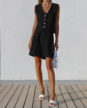 Dames Zomerse 2-Delige Linnen Look Set | Mouwloze Gilet & High-Waist Short | Gicha