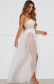 Dames Elegante Mesh Maxi Jurk met Korsetdetail en Split | Zomers en Luchtig | Gilana