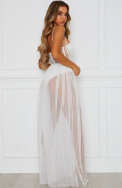 Dames Elegante Mesh Maxi Jurk met Korsetdetail en Split | Zomers en Luchtig | Gilana