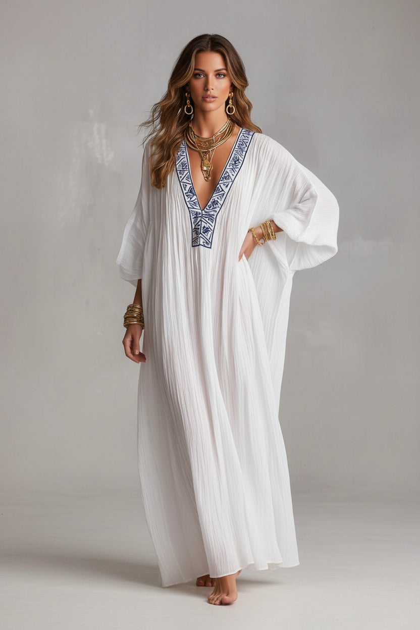 Dames Boho Linnen mix Kaftan Jurk met Geborduurde V-hals | Giliair