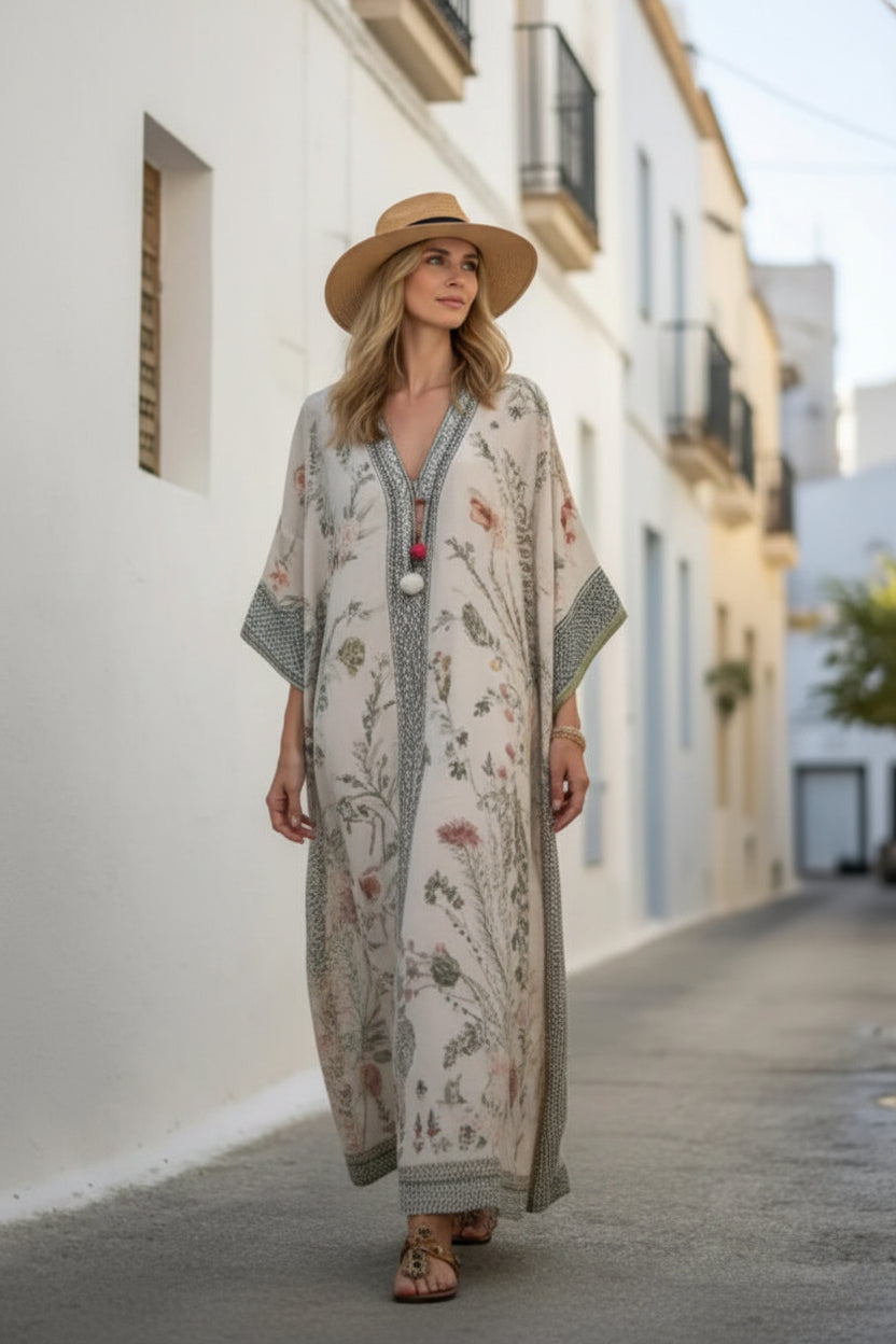 Dames Luxe Linnenmix Kaftan Maxi Jurk met Boho Print | Gilimeno