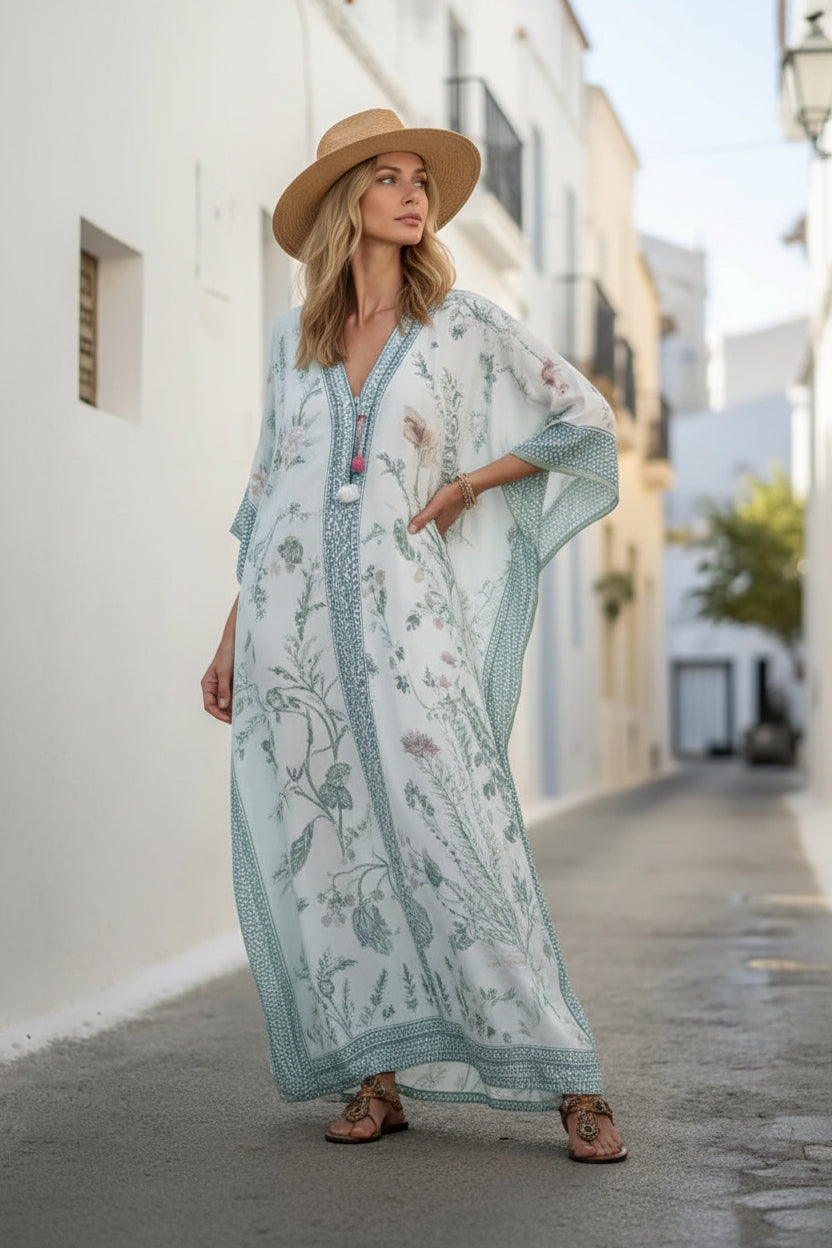 Dames Luxe Linnenmix Kaftan Maxi Jurk met Boho Print | Gilimeno