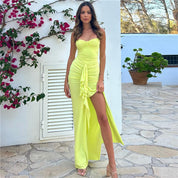 Dames Strapless Maxi Jurk met Hoge Split en Plooidetails | Verleidelijk en Trendy Statement | Gimani