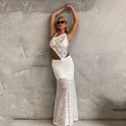 Dames Elegante Kant Set | Tweedelige Top en Maxi Rok met Open Detail | Gin