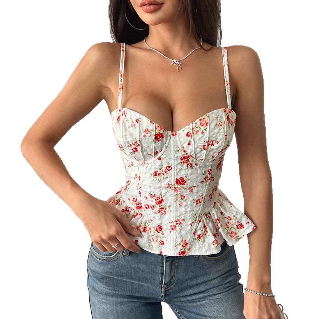 Dames Bloemenprint Corset Top met Ruches en Getailleerde Pasvorm | Gina