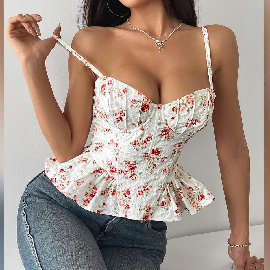 Dames Bloemenprint Corset Top met Ruches en Getailleerde Pasvorm | Gina