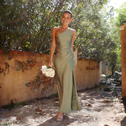 Dames Elegante One-Shoulder Satijnen Look Jurk | Slim Fit Maxi Jurk met Split | Ginaira