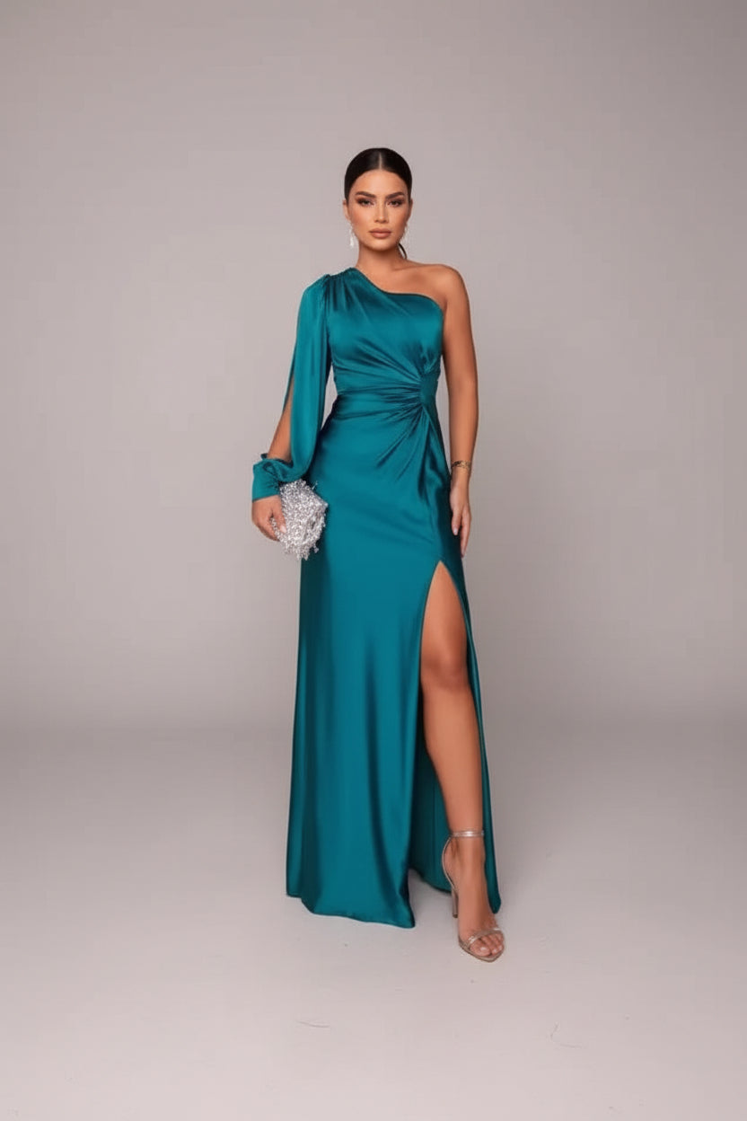 Dames One-Shoulder Satijnen Maxi Jurk met Split | Luxe Glans & Verleidelijke Elegantie | Gisaira