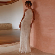 Dames Elegante Halter Maxi Jurk | Luxe Geplooide Textuur Jurk met Open Rug | Gioella