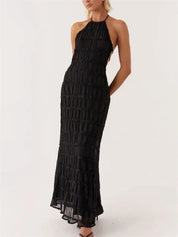 Dames Elegante Halter Maxi Jurk | Luxe Geplooide Textuur Jurk met Open Rug | Gioella